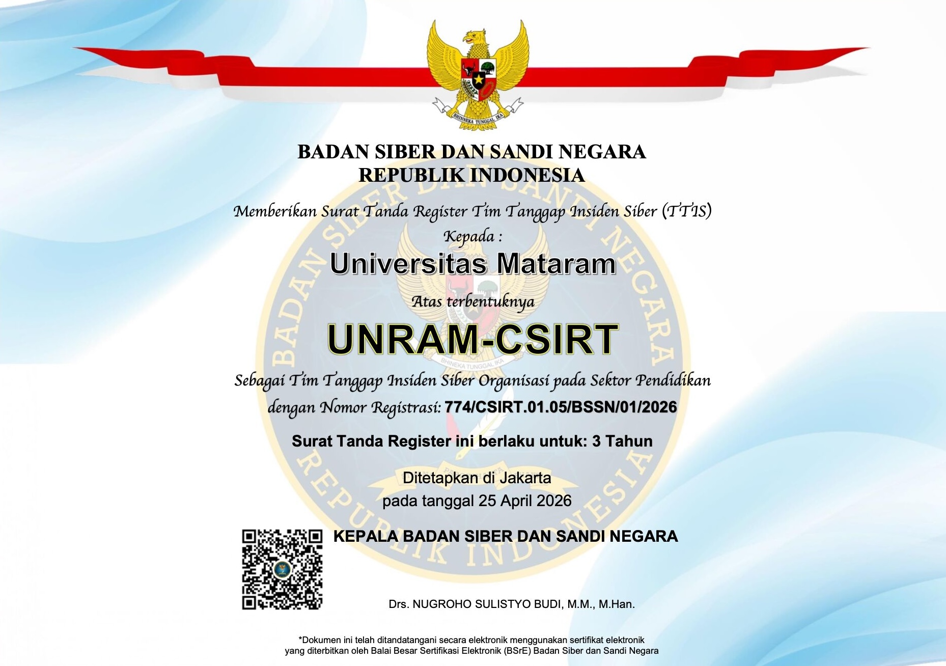Sertifikat CSIRT Universitas Mataram